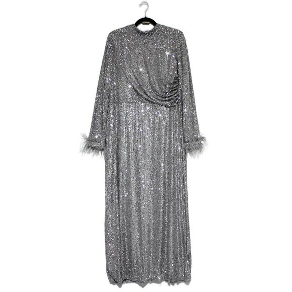 Arma Cool Silver Glitter Sequin Long Sleeve Maxi Dress Size 16 - Picture 1 of 12